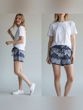 Patrons Of Peace Blue White Paisley Boho Short Smocked Waist Pockets Rayon M